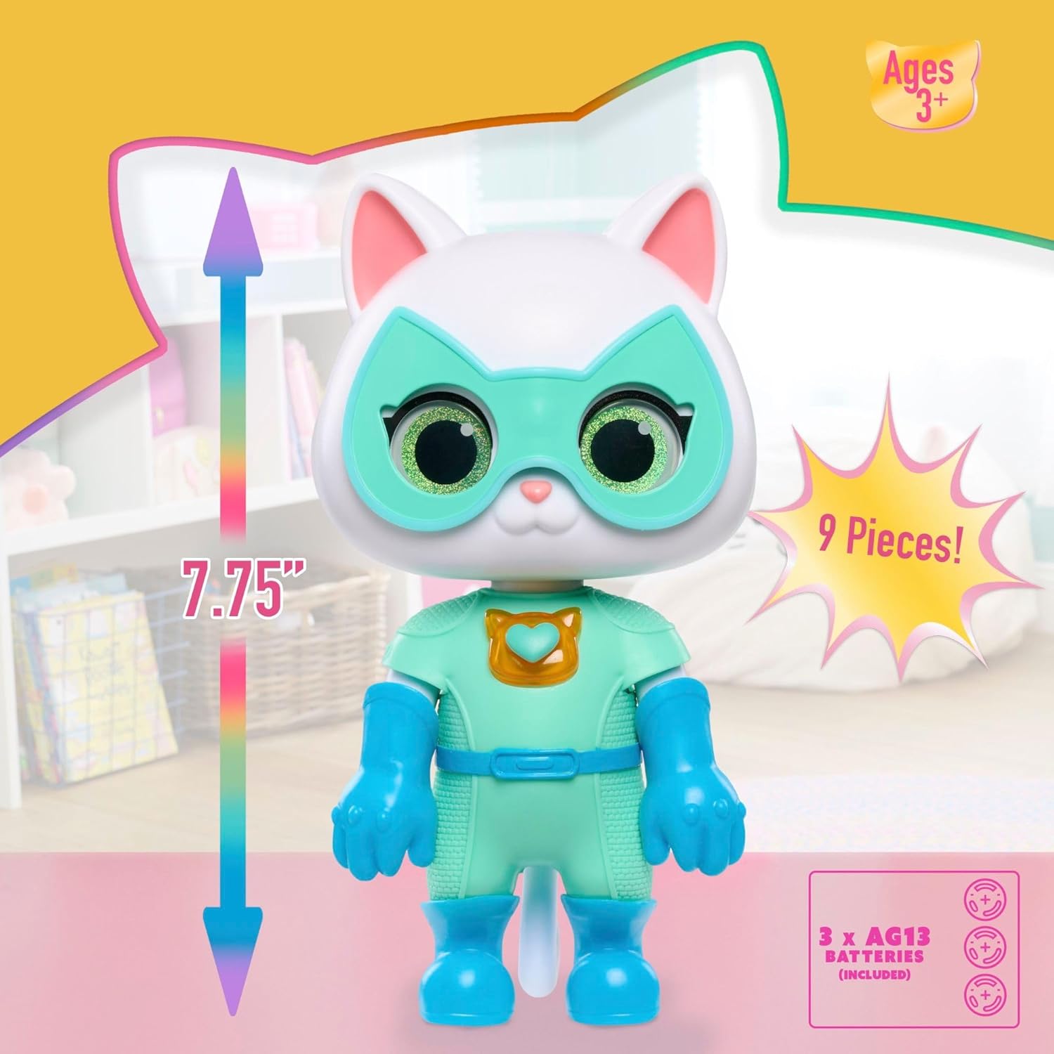 Just Play Disney Junior SuperKitties Cat-Tastic Transforming Bitsy Toy Figure, Lights and Sounds, Accessories Included, Kids 3+