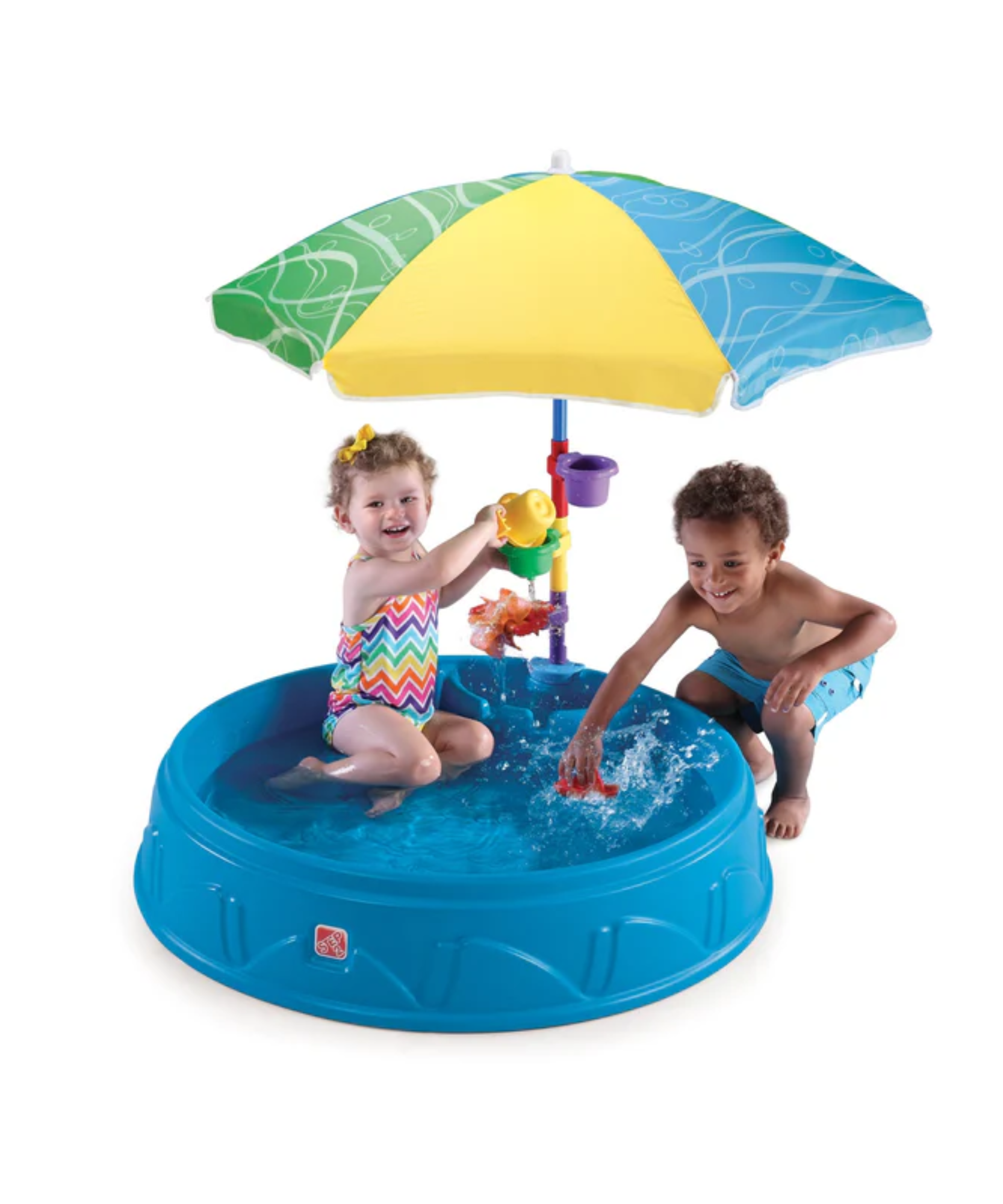 Step2 Play & Shade Pool, 45 Litre Outdoor Water Pool with Two Molded Seats, Includes Funnel Cup, Umbrella and Water Wheel Accessories, Backyard Garden Kids Pool Suitable for Boys and Girls Aged 2+