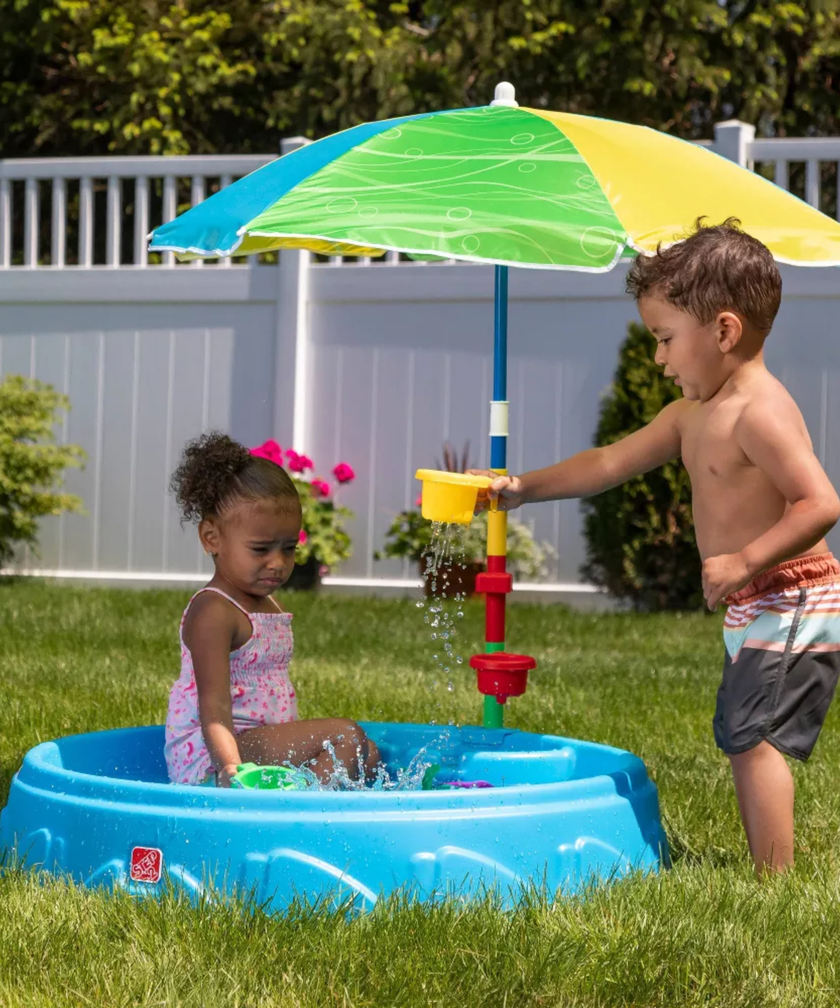 Step2 Play & Shade Pool, 45 Litre Outdoor Water Pool with Two Molded Seats, Includes Funnel Cup, Umbrella and Water Wheel Accessories, Backyard Garden Kids Pool Suitable for Boys and Girls Aged 2+