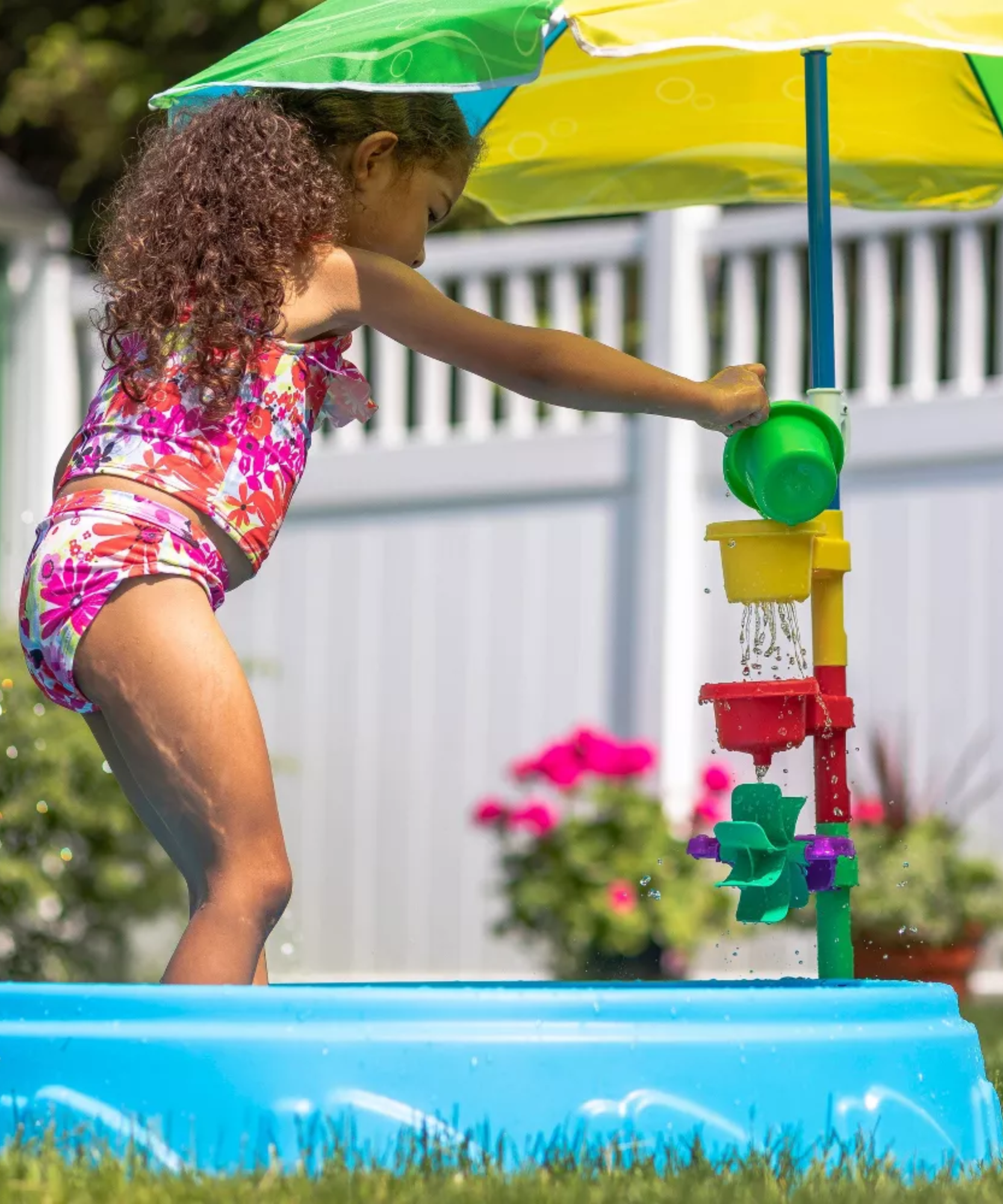 Step2 Play & Shade Pool, 45 Litre Outdoor Water Pool with Two Molded Seats, Includes Funnel Cup, Umbrella and Water Wheel Accessories, Backyard Garden Kids Pool Suitable for Boys and Girls Aged 2+