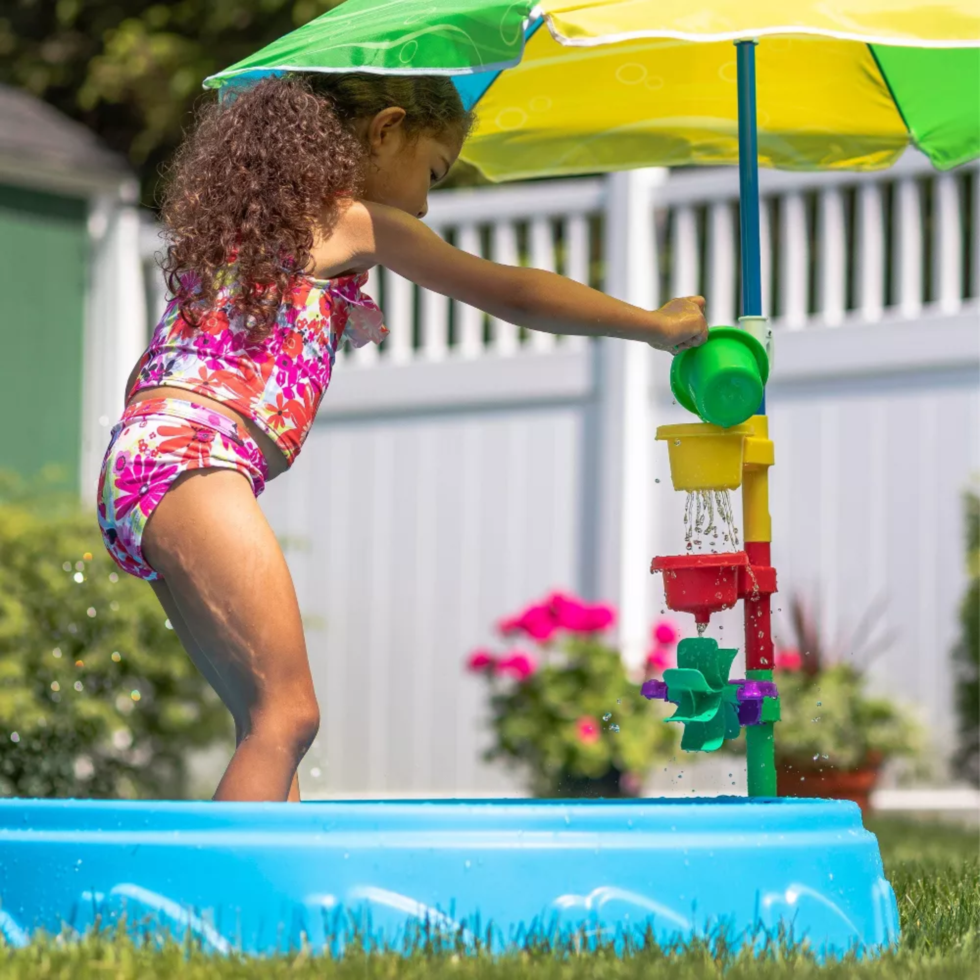 Step2 Play & Shade Pool, 45 Litre Outdoor Water Pool with Two Molded Seats, Includes Funnel Cup, Umbrella and Water Wheel Accessories, Backyard Garden Kids Pool Suitable for Boys and Girls Aged 2+