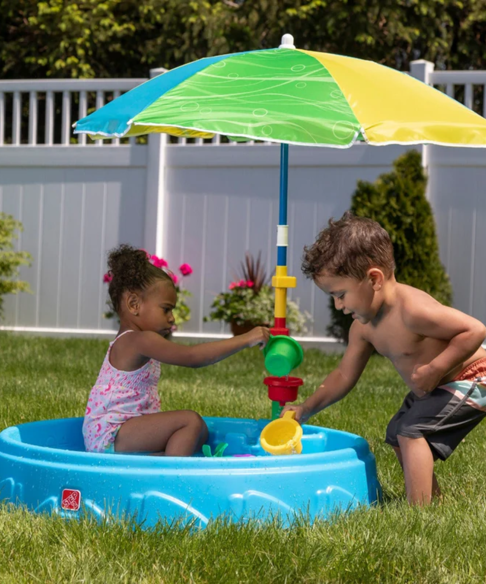 Step2 Play & Shade Pool, 45 Litre Outdoor Water Pool with Two Molded Seats, Includes Funnel Cup, Umbrella and Water Wheel Accessories, Backyard Garden Kids Pool Suitable for Boys and Girls Aged 2+