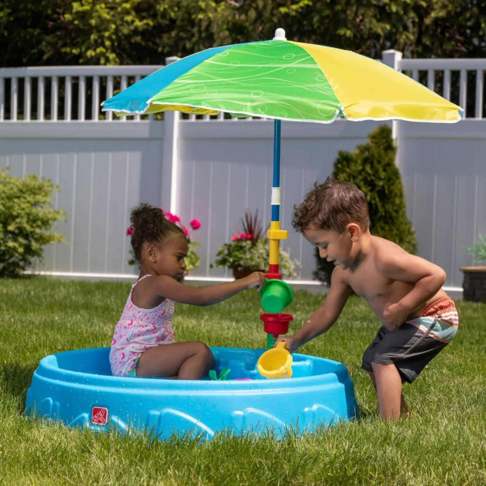 Step2 Play & Shade Pool, 45 Litre Outdoor Water Pool with Two Molded Seats, Includes Funnel Cup, Umbrella and Water Wheel Accessories, Backyard Garden Kids Pool Suitable for Boys and Girls Aged 2+