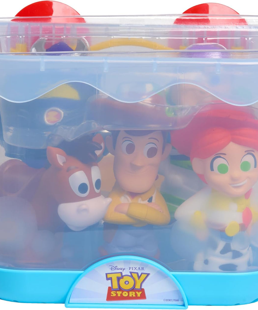 Disney Toy Story Bath Caddy, 6-pieces, 5 Bath Toy Figures Sealed for Safety, Attaches to Wall, Bath Toy for Fans, Girls, Boys, Kids, Ages 3 and Up