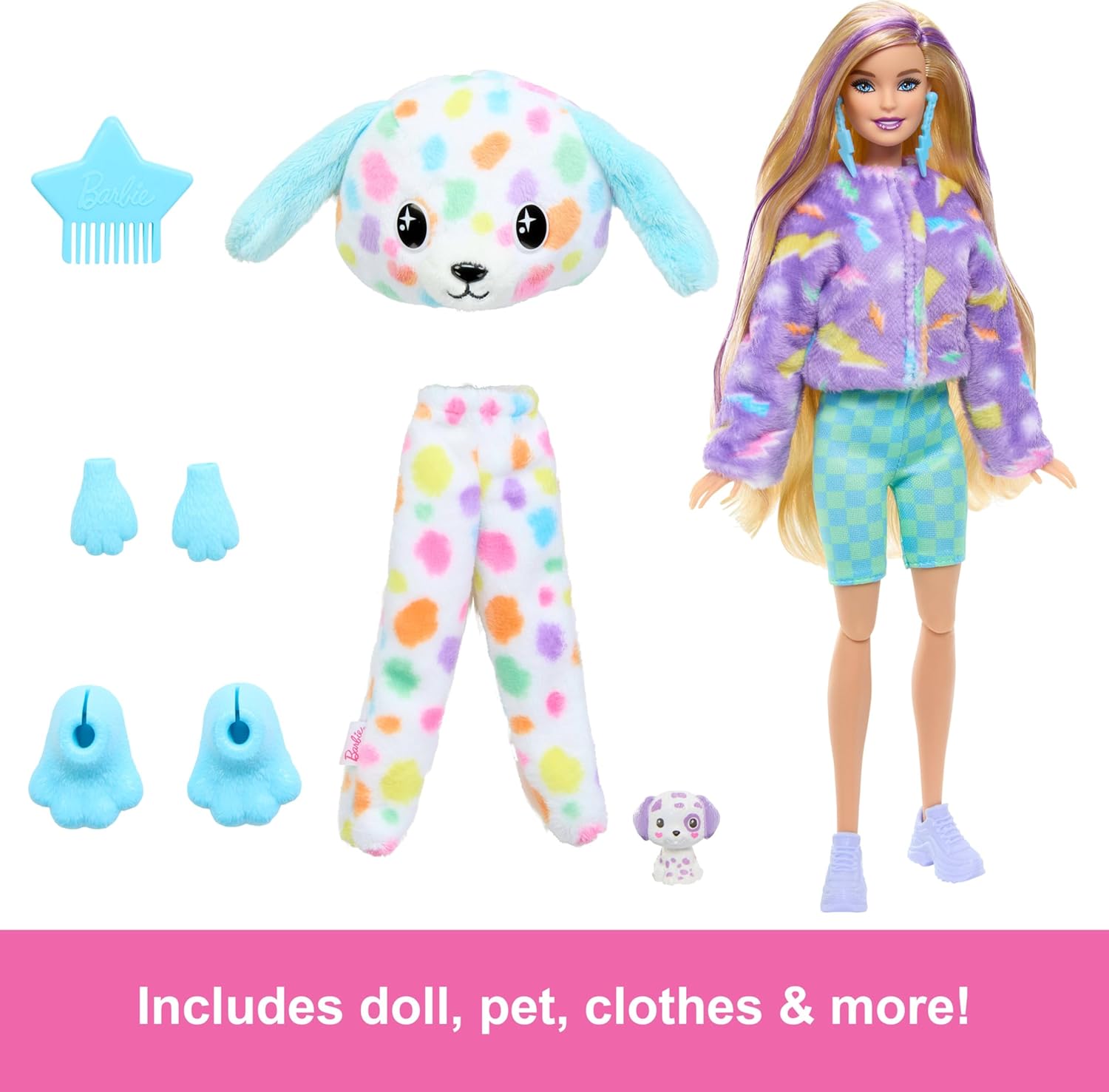 Barbie Cutie Reveal Color Dream Dalmatian Doll with Rainbow Plush & 10 Color-Changing Surprise Accessories, Ages 3+