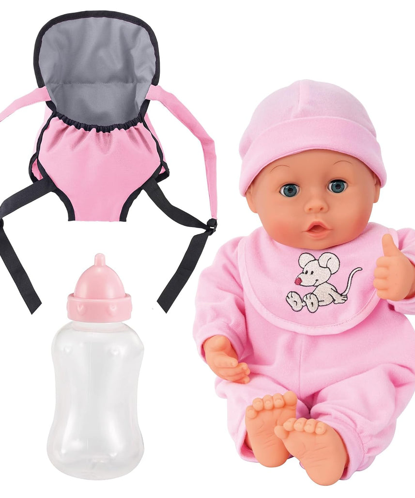 Bayer Design 93300AF My First Baby 13 inch Baby Doll, Set with Toddler, Dolls Carrier and Bottle, Interactive with Sounds, pink with mouse design