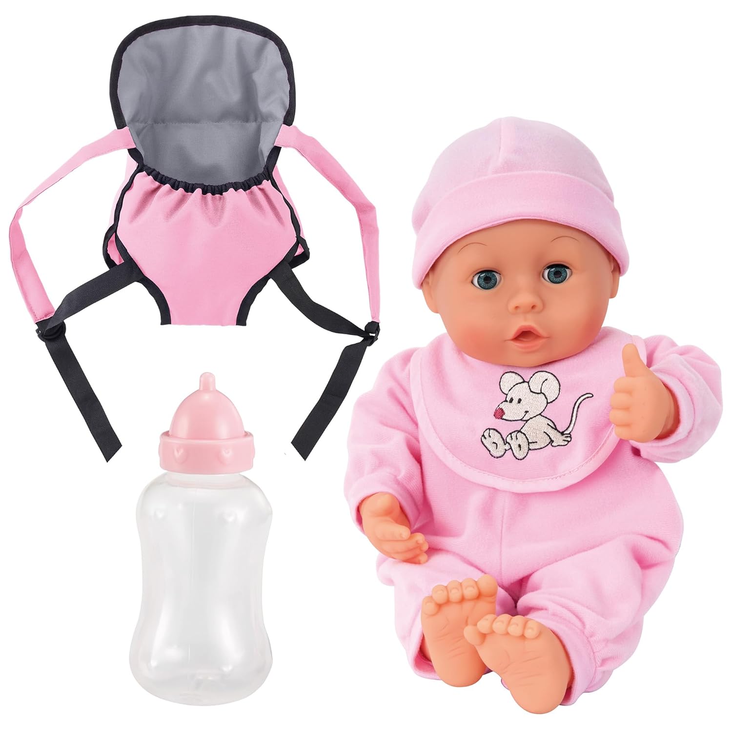 Bayer Design 93300AF My First Baby 13 inch Baby Doll, Set with Toddler, Dolls Carrier and Bottle, Interactive with Sounds, pink with mouse design