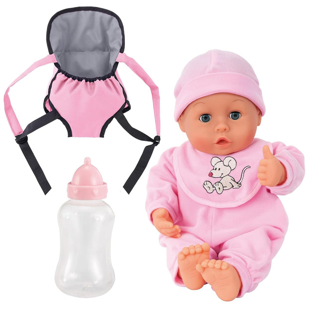 Bayer Design 93300AF My First Baby 13 inch Baby Doll, Set with Toddler, Dolls Carrier and Bottle, Interactive with Sounds, pink with mouse design