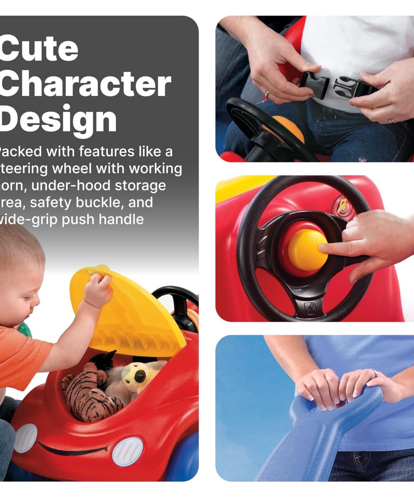 Step2 10th Anniversary Edition Buggy Single Seater Kids Push Car, Easy to Store Ride On Toy with Seatbelt, Horn and Storage Trunk, Suitable for Children both Boys and Girls Aged 18m and Above, Red, Pink