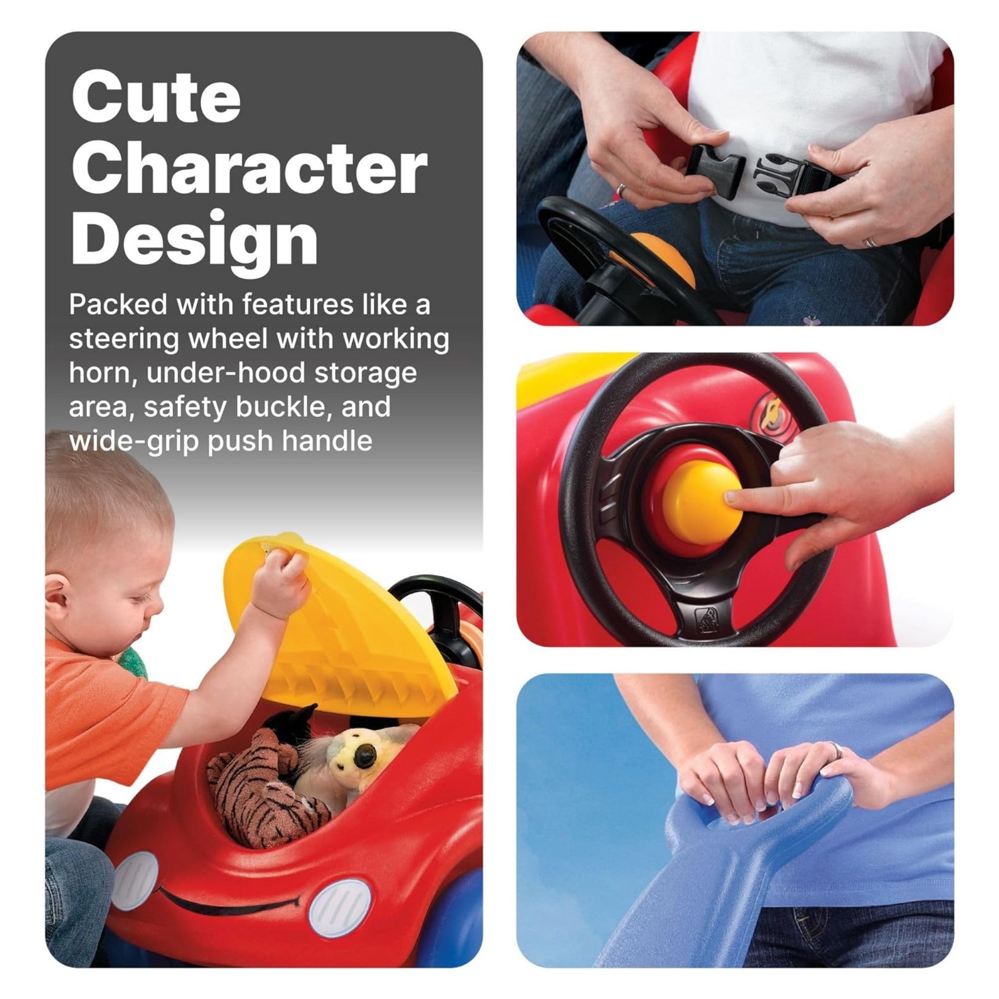 Step2 10th Anniversary Edition Buggy Single Seater Kids Push Car, Easy to Store Ride On Toy with Seatbelt, Horn and Storage Trunk, Suitable for Children both Boys and Girls Aged 18m and Above, Red, Pink