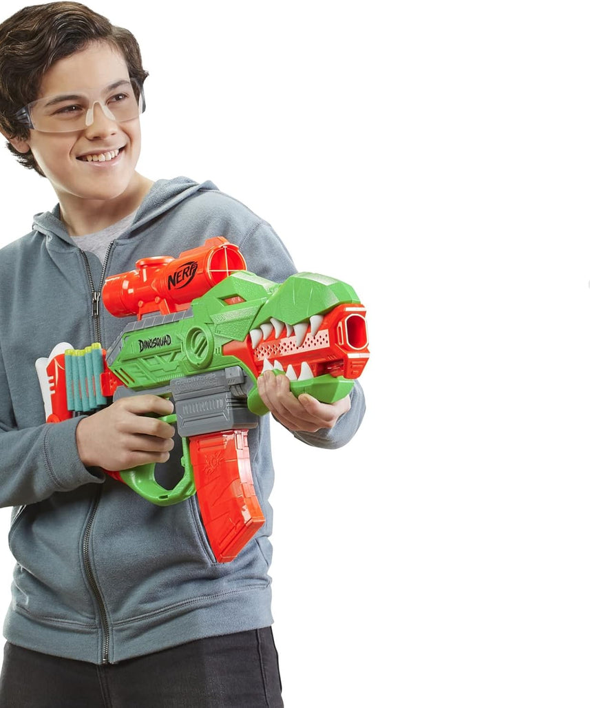 مسدس سهام نيرف دينو سكواد ريكس-رامبيج الآلي، مشبك سهام بعشرة سهام، ٢٠ سهم نيرف رسمي، تخزين لعشرة سهام، تصميم ديناصور تي ريكس، متعدد الألوان