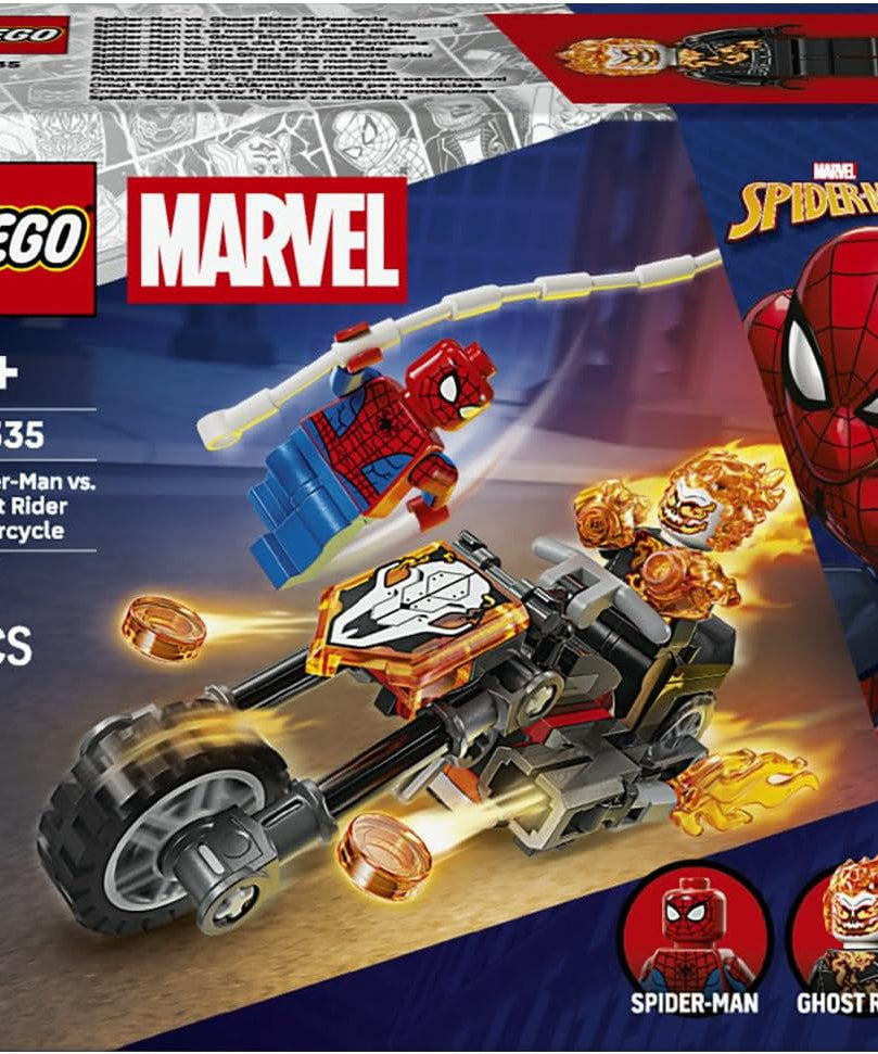 LEGO | Marvel Spider-Man vs. Ghost Rider Motorcycle - Superhero Toy w/a Motorbike Model, 2 Minifigures, Web String & Fire Elements - Gift for 6+ Year Old Boys - 76335