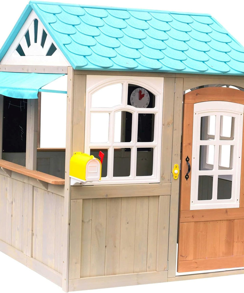 KidKraft Oceanfront Outdoor Playhouse, Cedar Wood Beach Café Style, Grande Size, Playhouse for Kids Ages 3 to 10, EZ Kraft Assembly, Interactive Windows, Bell and Mailbox