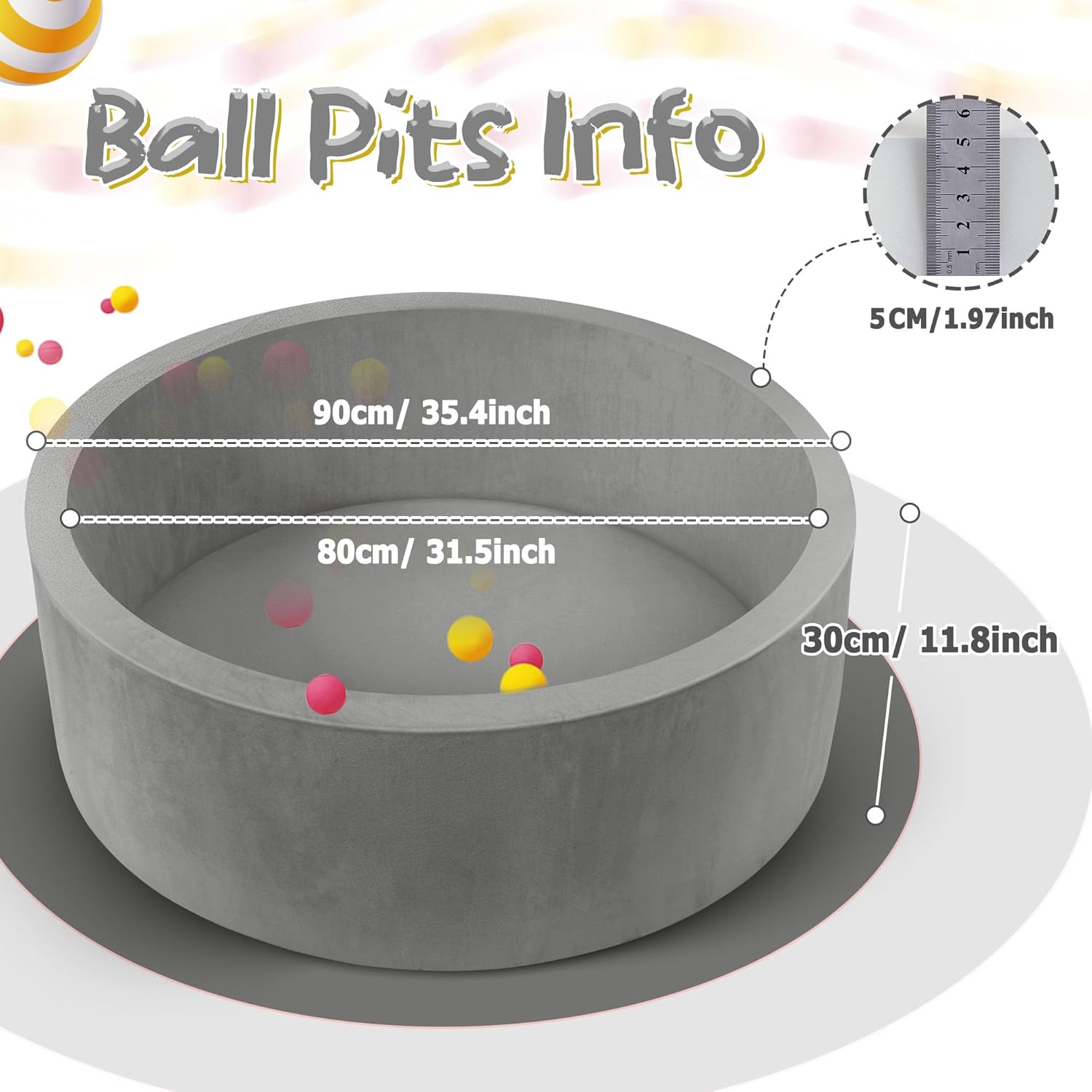 Foam Ball Pit for Toddlers 90cm Round Baby Ball Pool with Memory Foam, Soft Playpen Indoor Outdoor Kids Playground, Balls Not Included, Ages 6 Months+