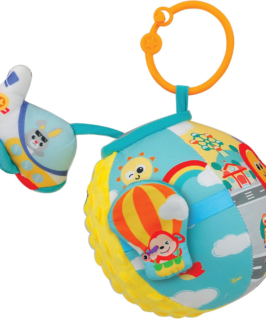 Winfun Lil Traveller Activity Ball Sensory Travel Toy for Baby Boys and Girls Ages 3 Months and Up Fine Motor Skill Development with Sounds Textures and Stroller Clip