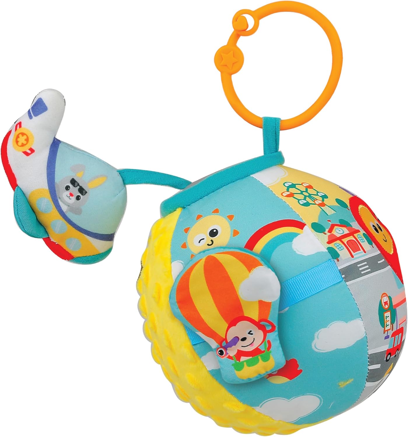 Winfun Lil Traveller Activity Ball Sensory Travel Toy for Baby Boys and Girls Ages 3 Months and Up Fine Motor Skill Development with Sounds Textures and Stroller Clip