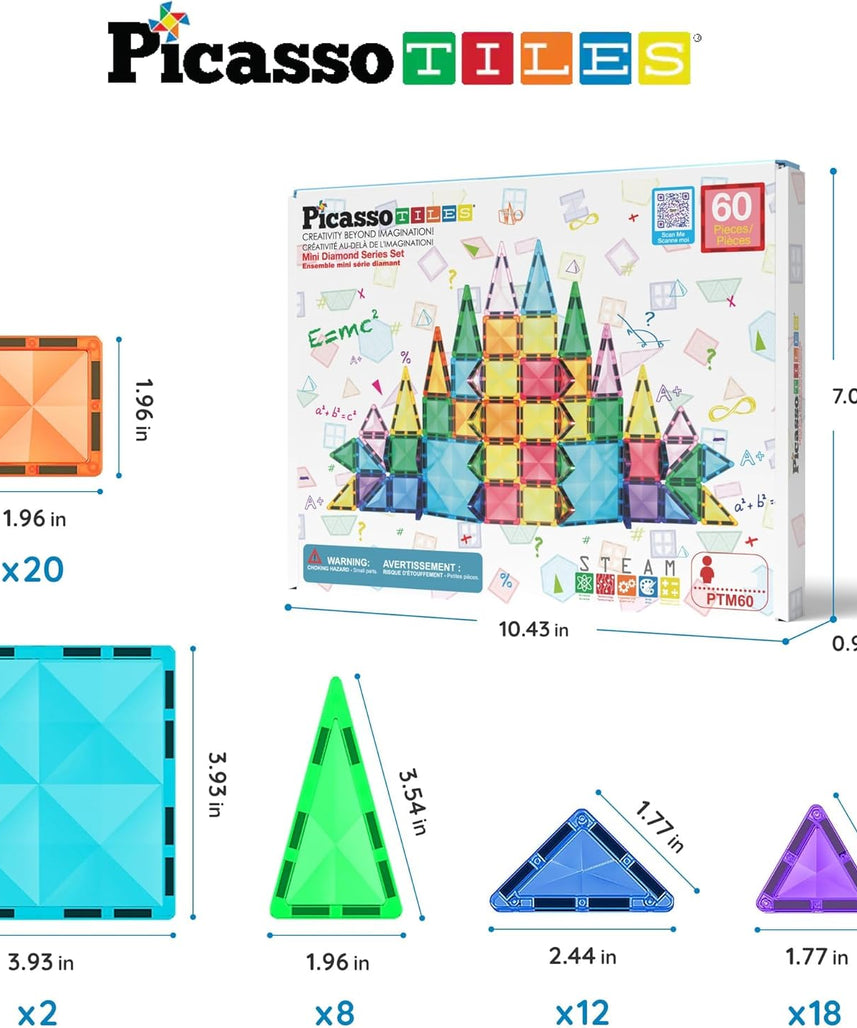 PicassoTiles 60-Piece Magnetic Building Block Mini Diamond Series Travel Size On-the-Go Magnetic Construction Toy Set, Educational Toy Children's Brain Development Stacking Blocks PTM60