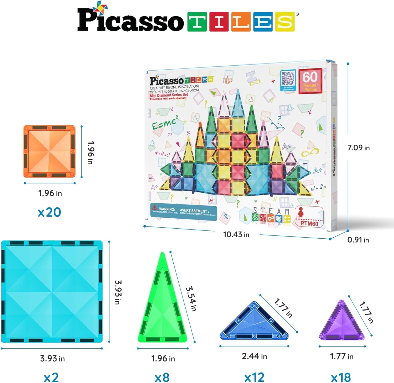 PicassoTiles 60-Piece Magnetic Building Block Mini Diamond Series Travel Size On-the-Go Magnetic Construction Toy Set, Educational Toy Children's Brain Development Stacking Blocks PTM60