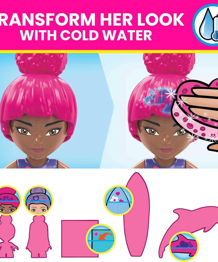 Barbie Color Reveal Dolphin Exploration Playset, 2 Micro-Dolls with Dolphins, 114 Building Bricks and Accessories for Creative Play