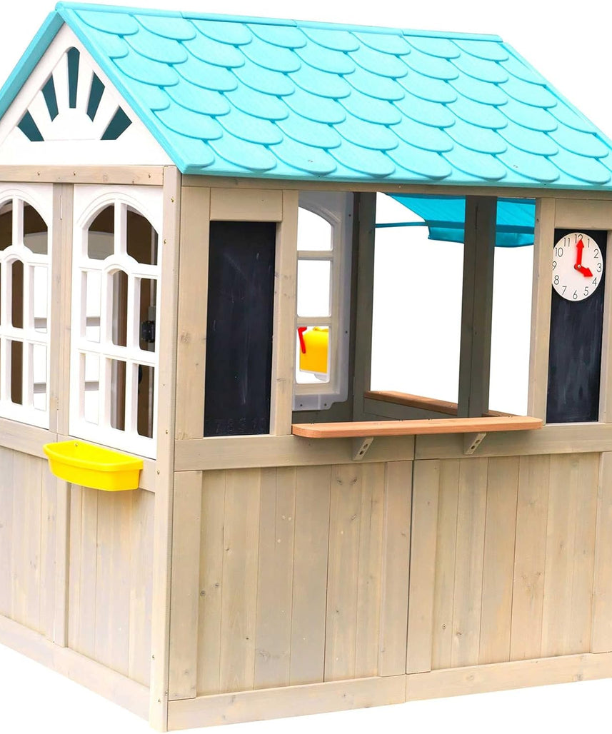KidKraft Oceanfront Outdoor Playhouse, Cedar Wood Beach Café Style, Grande Size, Playhouse for Kids Ages 3 to 10, EZ Kraft Assembly, Interactive Windows, Bell and Mailbox