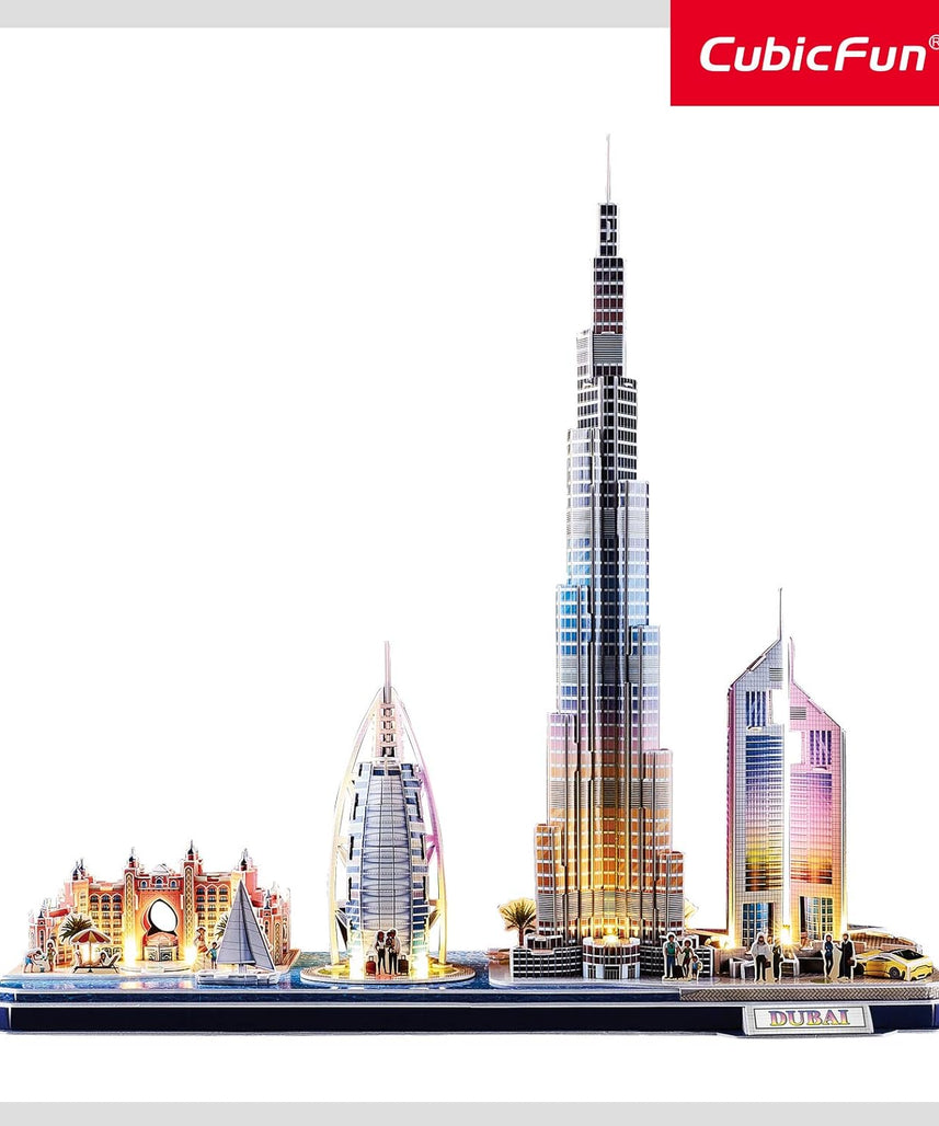 CubicFun 3D Puzzle LED Dubai Cityline Architecture Model Kit 182 Pieces City Skyline Display Gift for Adults + Kids Travel Souvenir