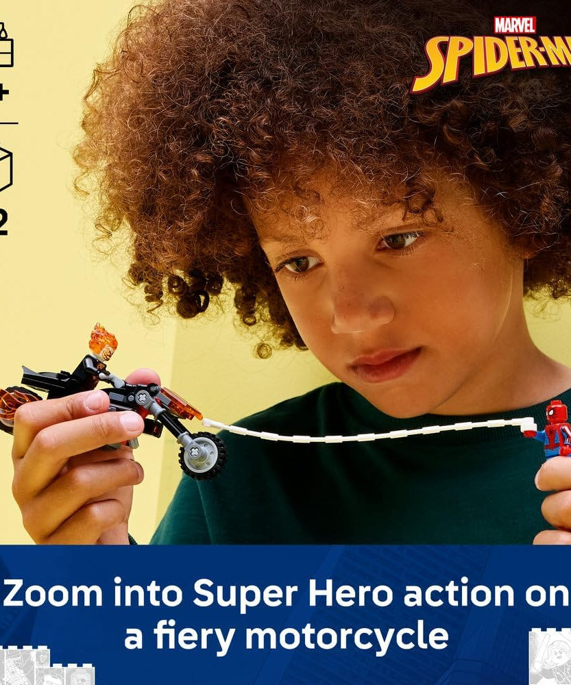 LEGO | Marvel Spider-Man vs. Ghost Rider Motorcycle - Superhero Toy w/a Motorbike Model, 2 Minifigures, Web String & Fire Elements - Gift for 6+ Year Old Boys - 76335
