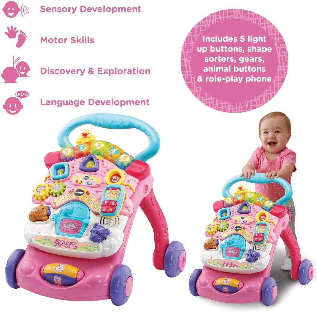 Vtech First Steps Baby Walker Pink With Blue Handle