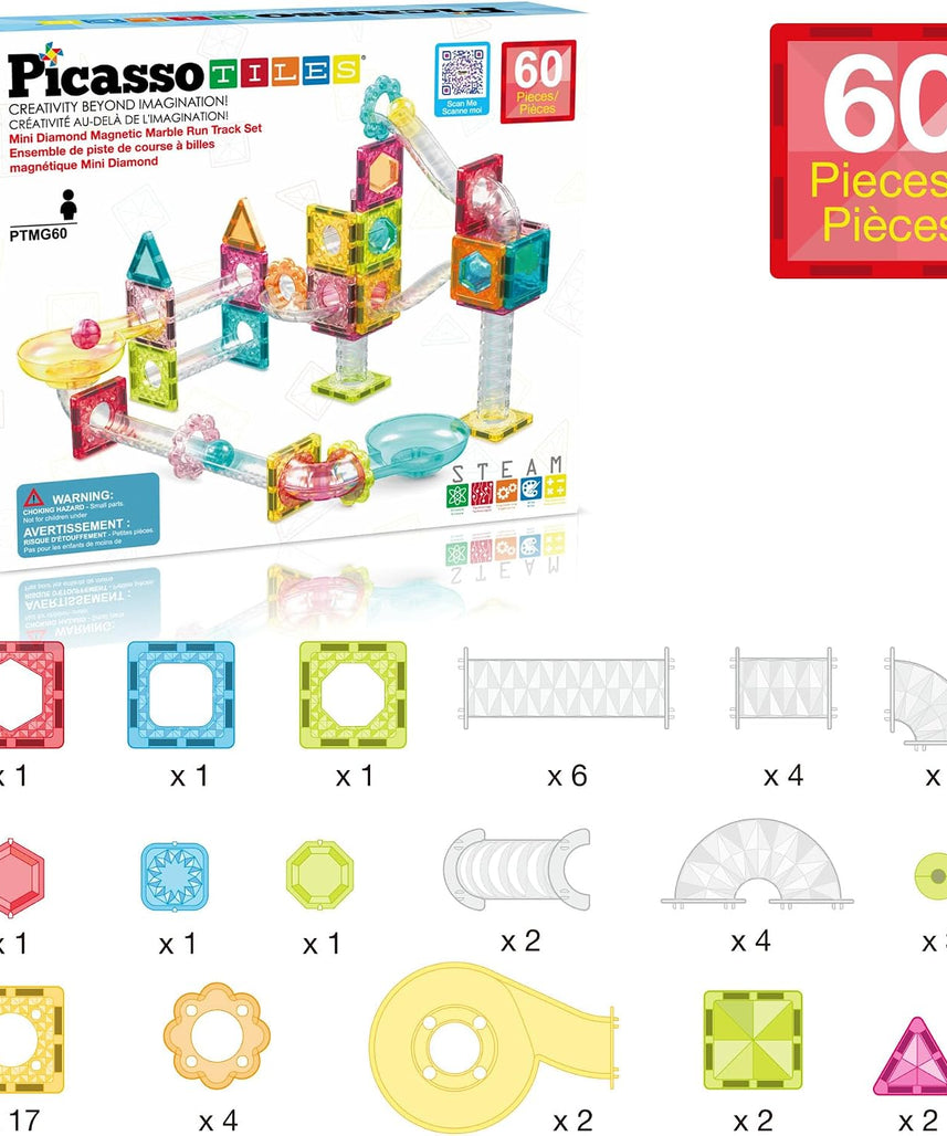 PicassoTiles 60 pc Magnet Tiles Building Block Travel Size Magnetic Marble Run Construction Toy Set Mini Diamond Marble RaceTrack Building Blocks Playset Education STEM Learning Kit Boy Girl 3+ PTMG60