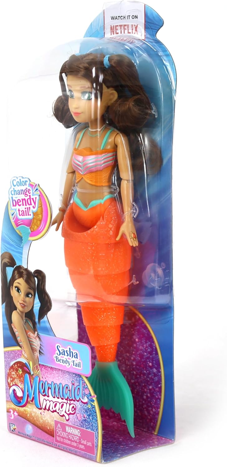 Mermaid Magic Doll 9-Inch Sasha with Bendy Tail, Articulated Doll, With Color Changing Fin, Gift, Girl's Toys, Mermaid Dolls, Figures, Collectible, 3 Years+