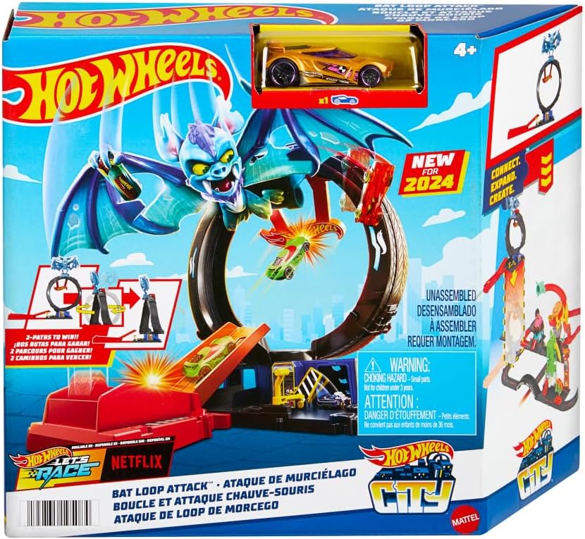 Hot Wheels City Bat Loop Attack Playset with Rotating Tire Loop, Adjustable Launcher & 1:64 Scale Toy Car, Connectable Track Set for Kids 4+