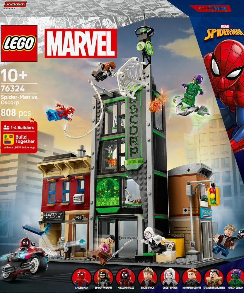 LEGO ǀ Marvel Spider-Man vs. Oscorp - Interactive Toy with a Motorbike, 8 Minifigures incl. Miles Morales & Green Goblin - Collectible Super Hero Gift for 10+ Year Old Boys & Fans - 76324