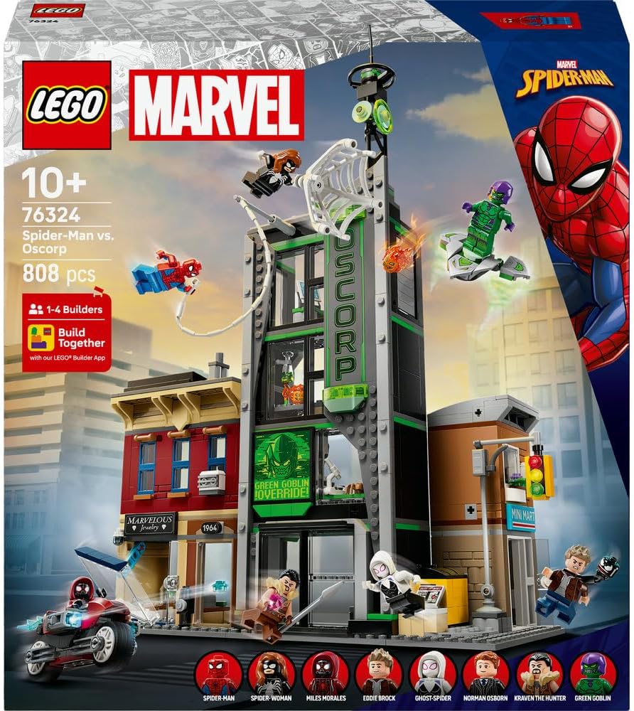 LEGO ǀ Marvel Spider-Man vs. Oscorp - Interactive Toy with a Motorbike, 8 Minifigures incl. Miles Morales & Green Goblin - Collectible Super Hero Gift for 10+ Year Old Boys & Fans - 76324