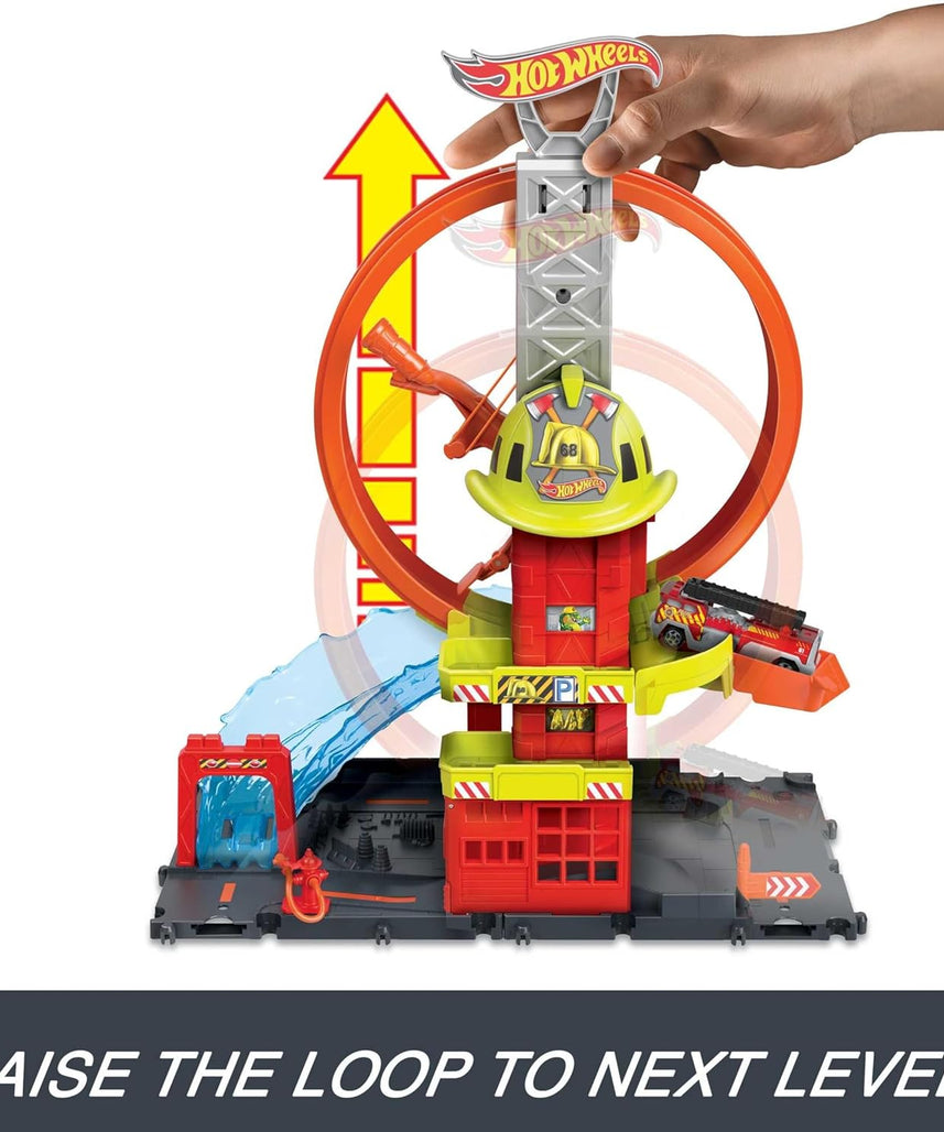 مجموعة ألعاب محطة إطفاء هوت ويلز سيتي سوبر لوب، مجموعة مسارات حلقية قابلة للتعديل مع شاحنة إطفاء واحدة، ميزات محطة الإطفاء، مواقف سيارات ومسارات قابلة للتوصيل، ألعاب للأطفال من سن 4 سنوات فما فوق
