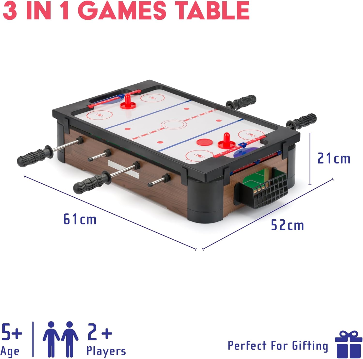 Power Play 3-in-1 Tabletop Games Set, Foosball, Air Hockey, Table Tennis, Multicolor, Wooden Construction, Kids Game Table for Boys and Girls 3+, Indoor Family Entertainment