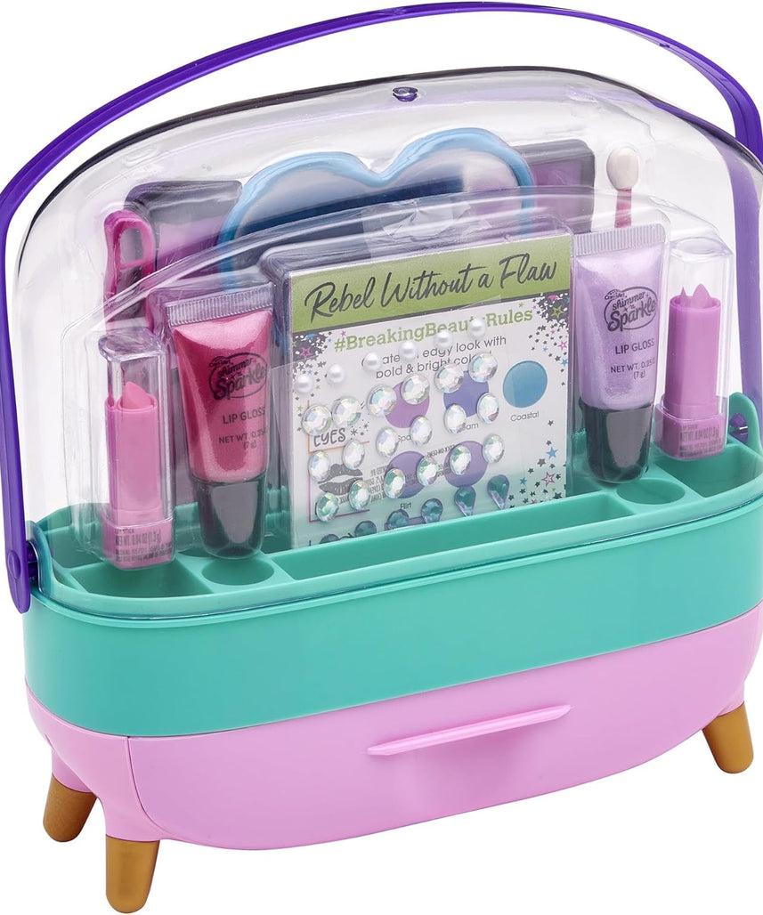 Shimmer N Sparkle All-In-One Beauty Caddy Complete Kit for Kids, Makeup & Styling Set with Colors, Tools, Gems & Practice Pages, Portable Beauty Case for Creative Play – Ages 8+