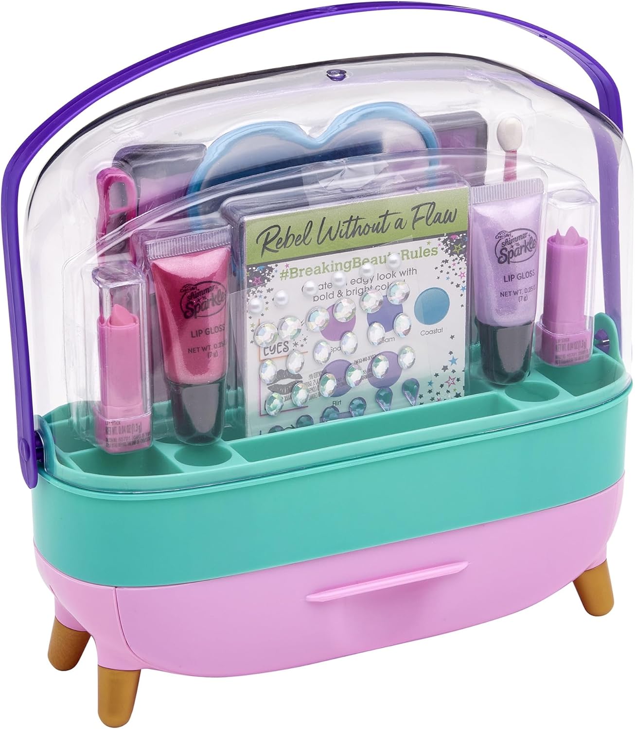 Shimmer N Sparkle All-In-One Beauty Caddy Complete Kit for Kids, Makeup & Styling Set with Colors, Tools, Gems & Practice Pages, Portable Beauty Case for Creative Play – Ages 8+