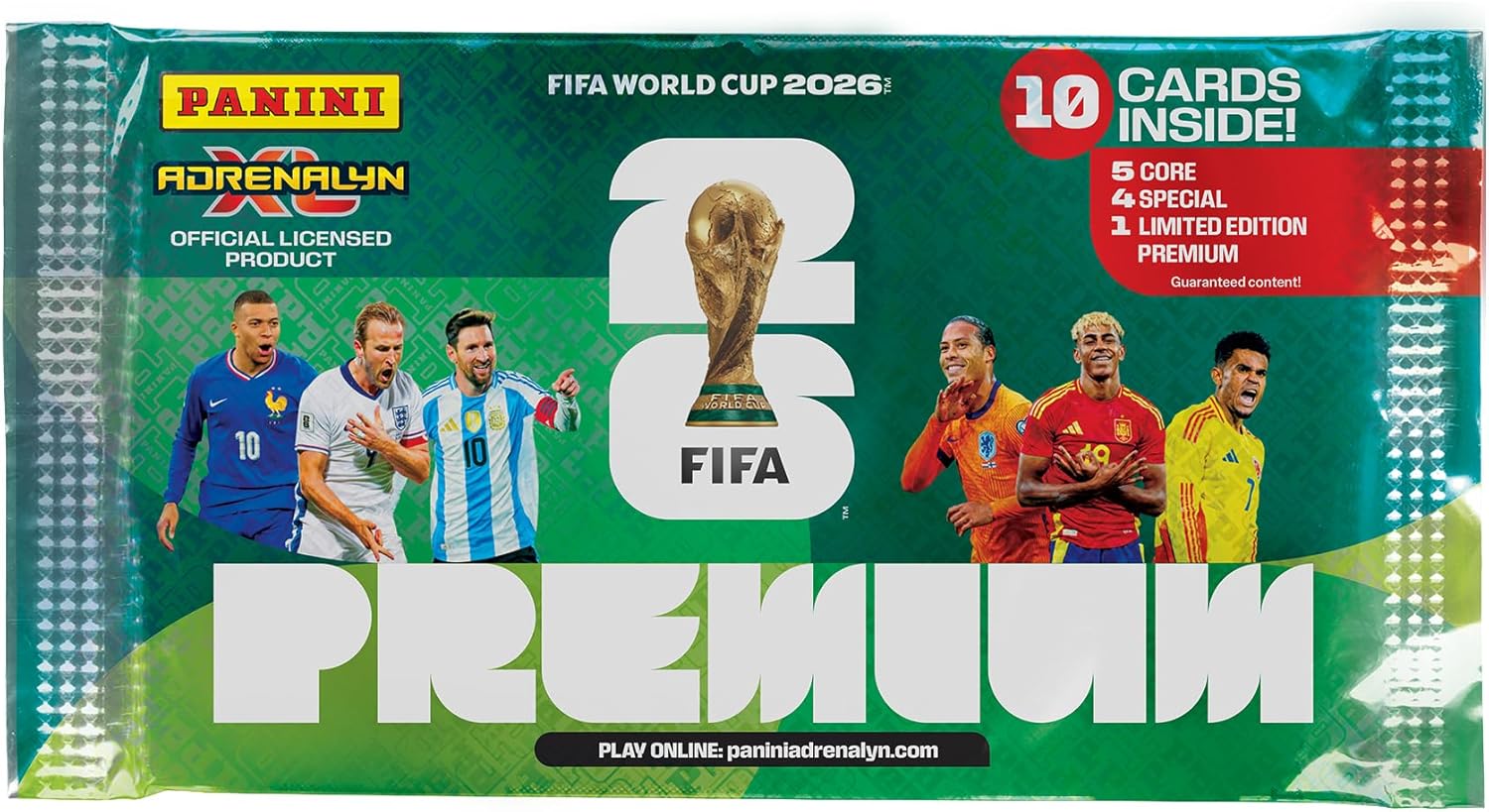 Panini FIFA World Cup 2026 Adrenalyn XL Premium Trading Cards Packet, 10 Cards Pack Including 1 Premium Gold Limited Edition Card, Official Football Collectible Cards for Fans and Collectors Age 6+