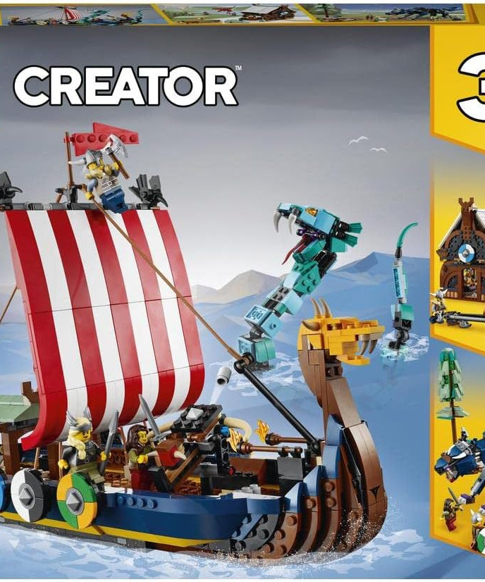 مجموعة بناء سفينة الفايكنج وثعبان ميدجارد 31132 من ليجو كريتور، 3 في 1، مع 4 مجسمات صغيرة، مناسبة للأطفال من عمر 9 سنوات فما فوق