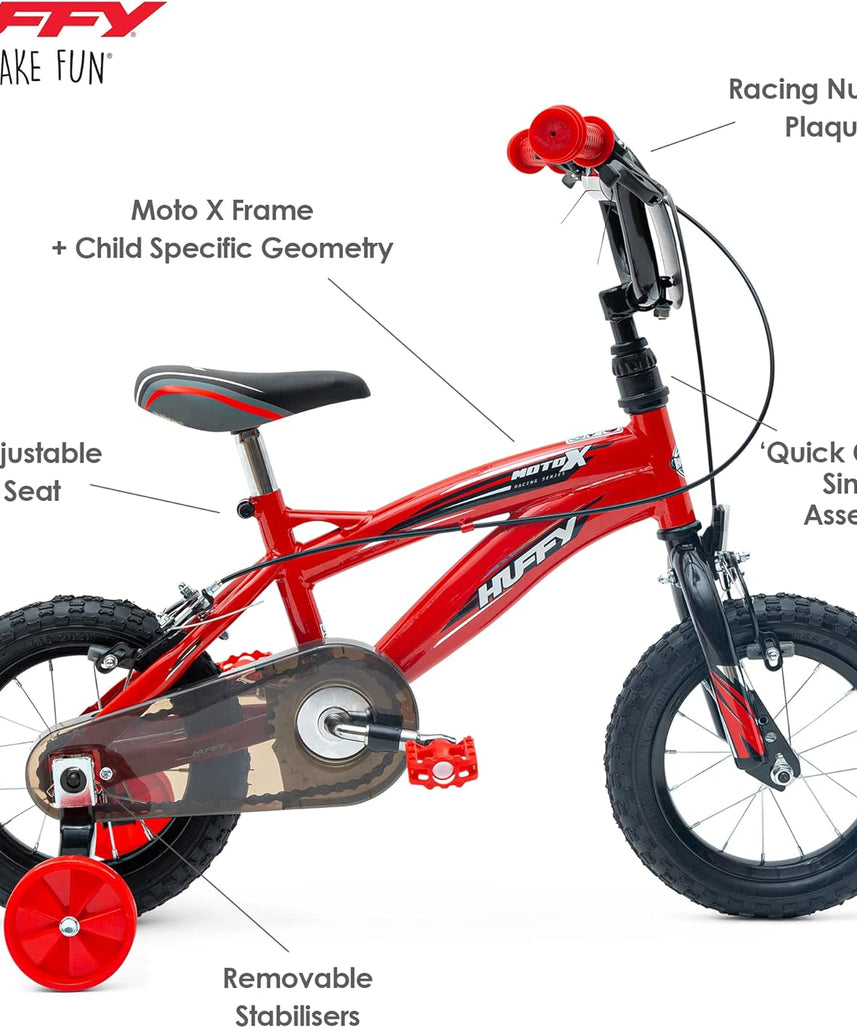 Huffy Moto X Boys Bike 12, 14, 16, 18 Inch Wheels, Multiple Colours, BMX Styling, Single-Speed Kids Bicycle with Stabilisers, Quick Connect Assembly, Ages 3-7