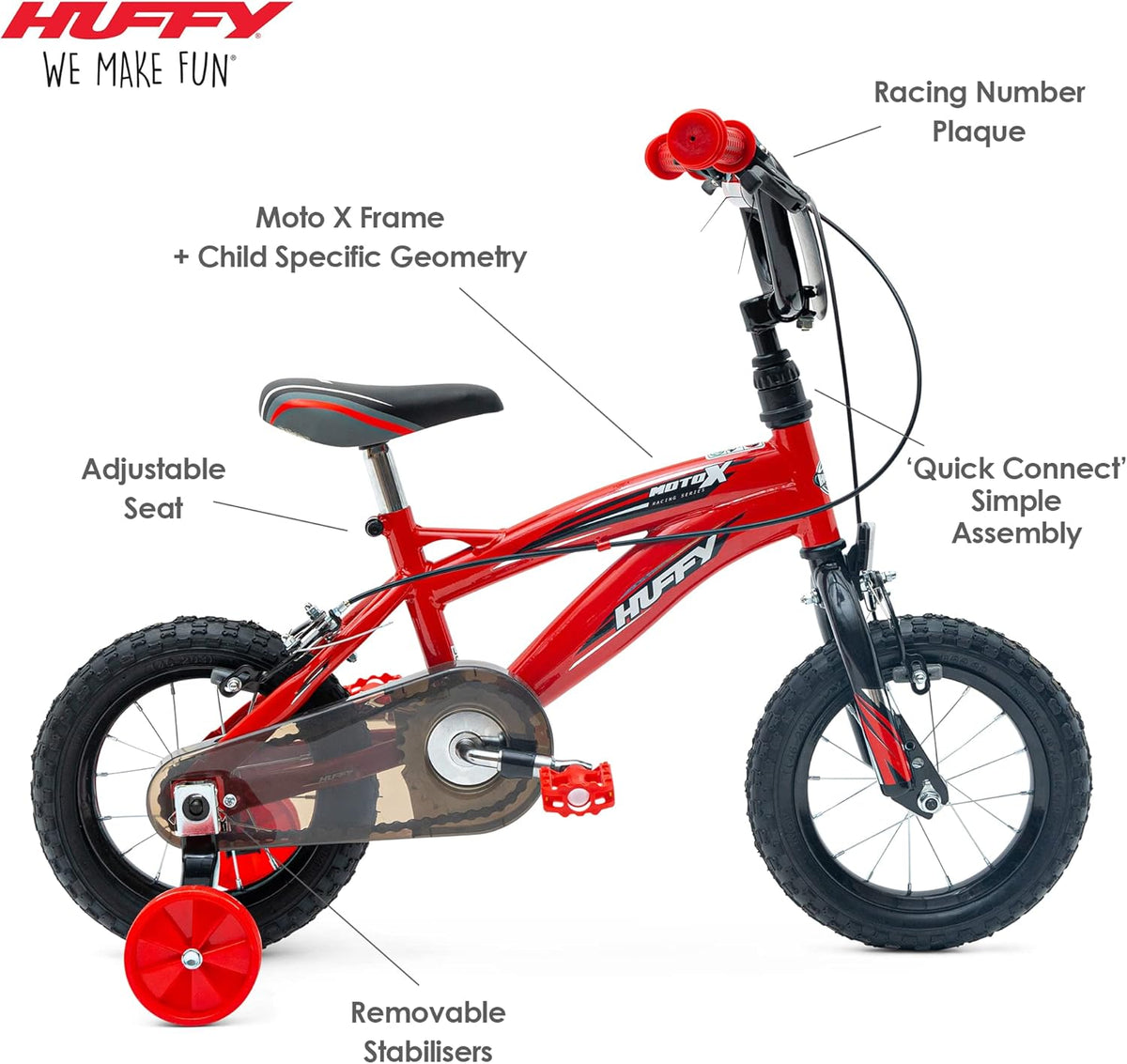 Huffy Moto X Boys Bike 12, 14, 16, 18 Inch Wheels, Multiple Colours, BMX Styling, Single-Speed Kids Bicycle with Stabilisers, Quick Connect Assembly, Ages 3-7