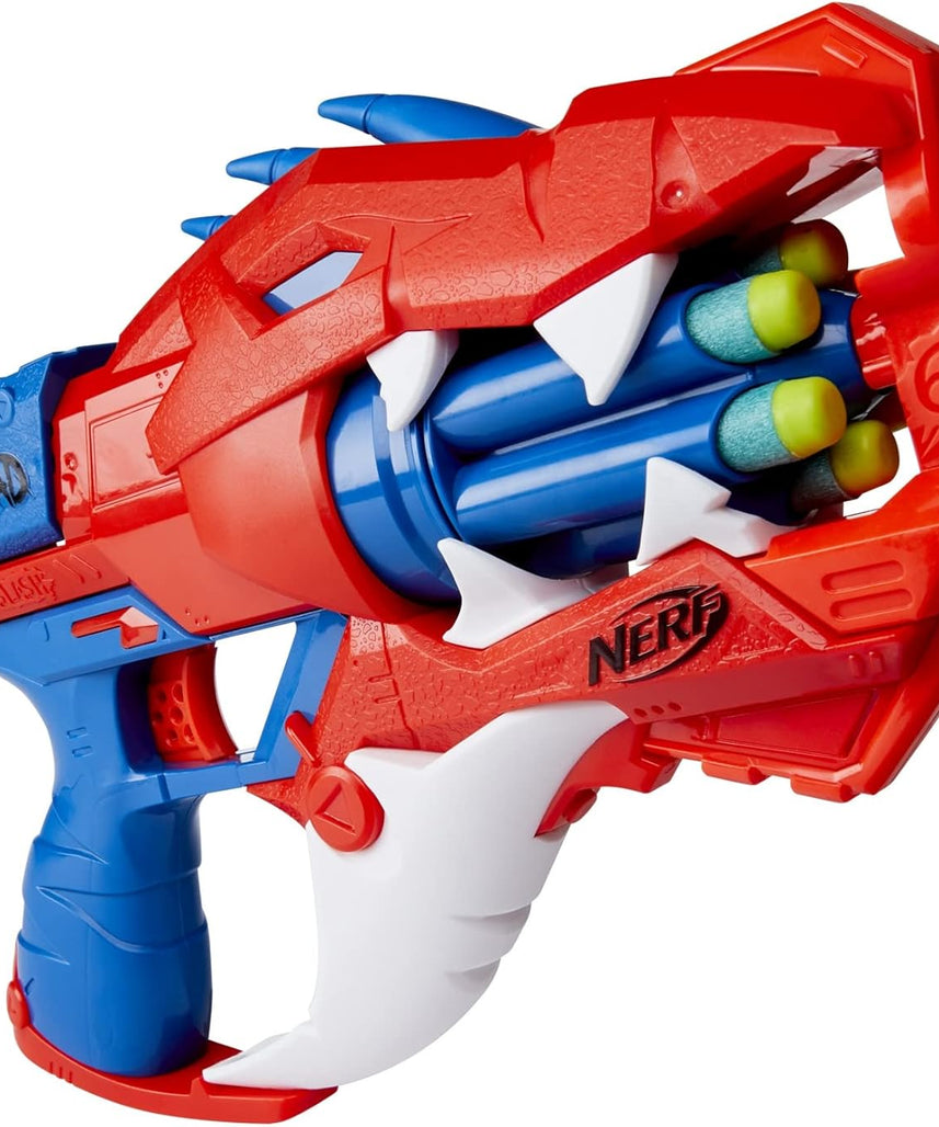 Nerf DinoSquad Raptor-Slash Dart Blaster, 6-Dart Rotating Drum, Slam-Fire Action, 6 Official Nerf Elite Darts, Velociraptor Dinosaur Design, Multicolour