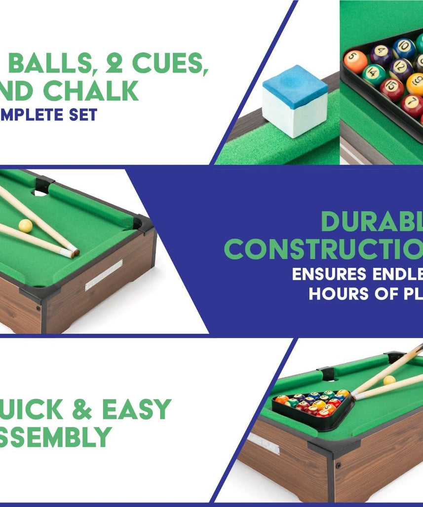Power Play 20 Inch Pool Table, Kids Pool Game, Arcade Games for Boys and Girls 3+, Indoor and Outdoor Tabletop Game, Wooden Construction, Complete Billiard Set