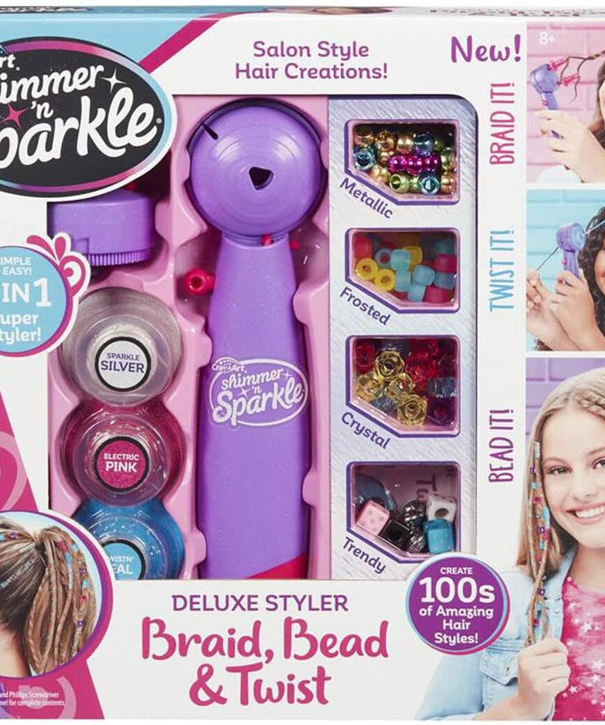 Cra-Z-Art Shimmer N Sparkle Deluxe Styler Braid, Bead & Twist, Hair Braiding Machine for Kids, Hair Styler Twister Toy, Fashion Threads & Accessories for Girls Long Hairs, Ages 8 Year & Up - 65576