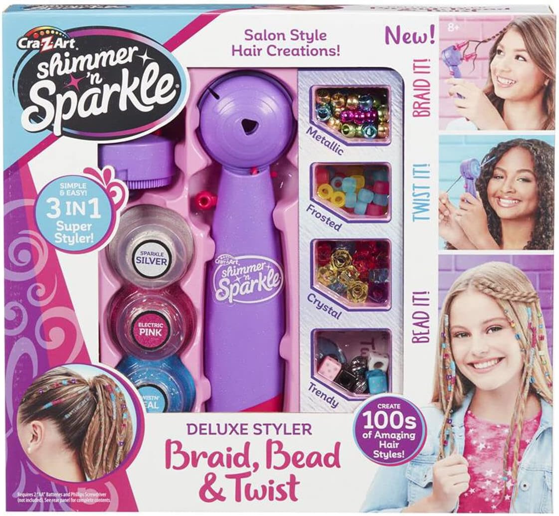 Cra-Z-Art Shimmer N Sparkle Deluxe Styler Braid, Bead & Twist, Hair Braiding Machine for Kids, Hair Styler Twister Toy, Fashion Threads & Accessories for Girls Long Hairs, Ages 8 Year & Up - 65576