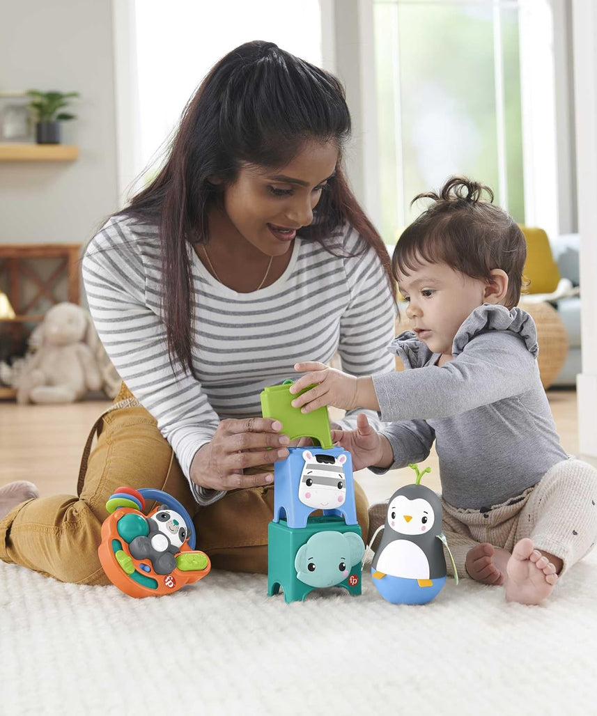 Fisher Price Hello Hands Play Kit HFJ93 Curated Infant Activity Toy Set 3 Toys Panda Penguin Animal Stackers Multi Colour for 6 Months and Up