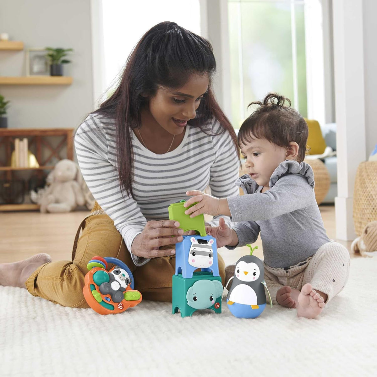 Fisher Price Hello Hands Play Kit HFJ93 Curated Infant Activity Toy Set 3 Toys Panda Penguin Animal Stackers Multi Colour for 6 Months and Up