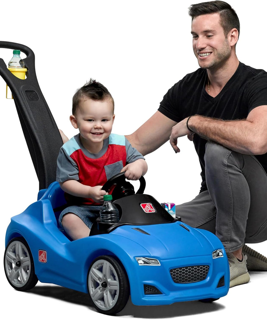 Step2 Whisper Ride Cruiser Kids Push Car with Parent Handle, Seat Belt, Horn & Storage Trunk, Single Seater Ride-On Toy for Boys and Girls, Gray, Pink & Blue, Ages 18 Months+