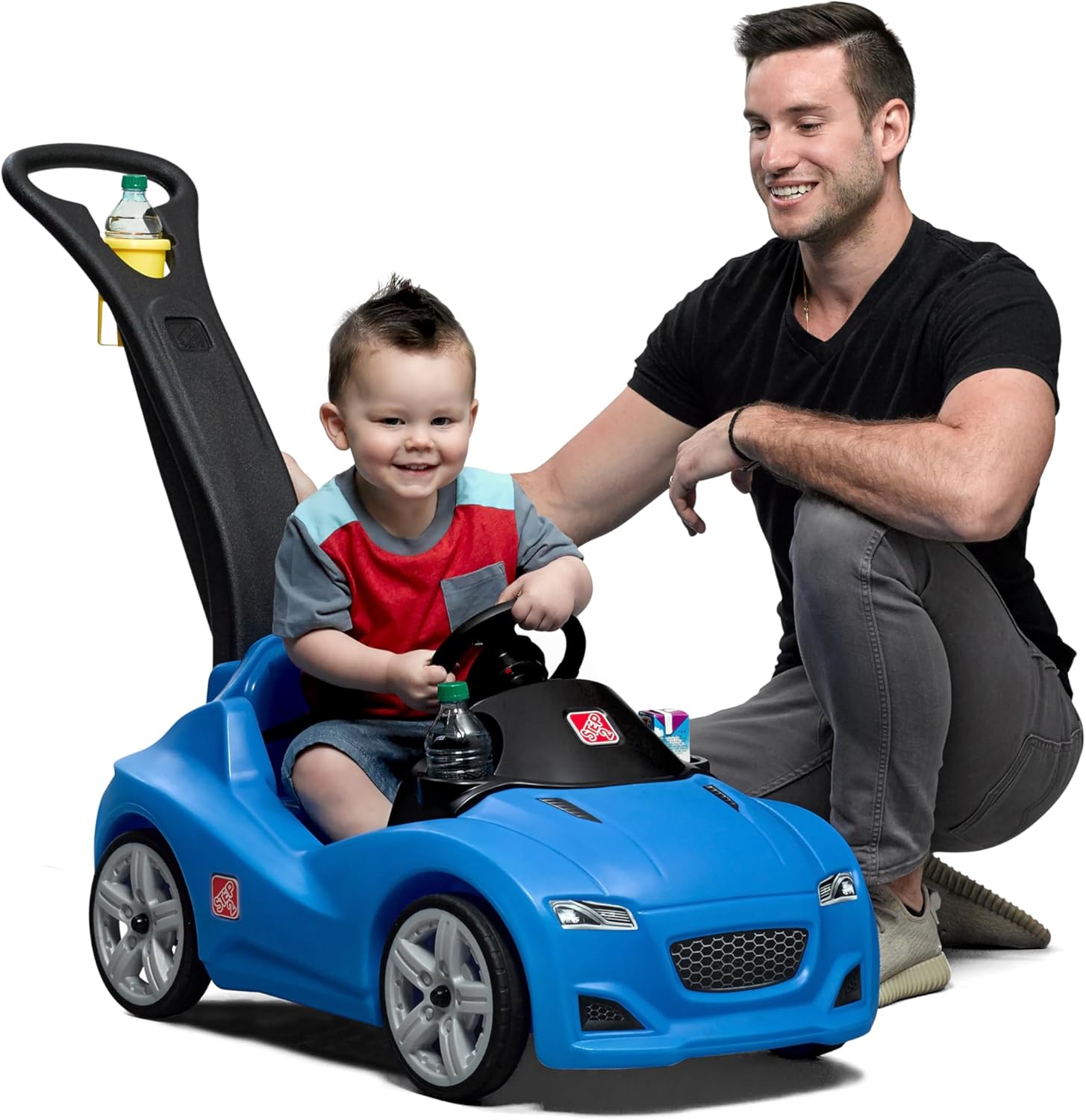 Step2 Whisper Ride Cruiser Kids Push Car with Parent Handle, Seat Belt, Horn & Storage Trunk, Single Seater Ride-On Toy for Boys and Girls, Gray, Pink & Blue, Ages 18 Months+