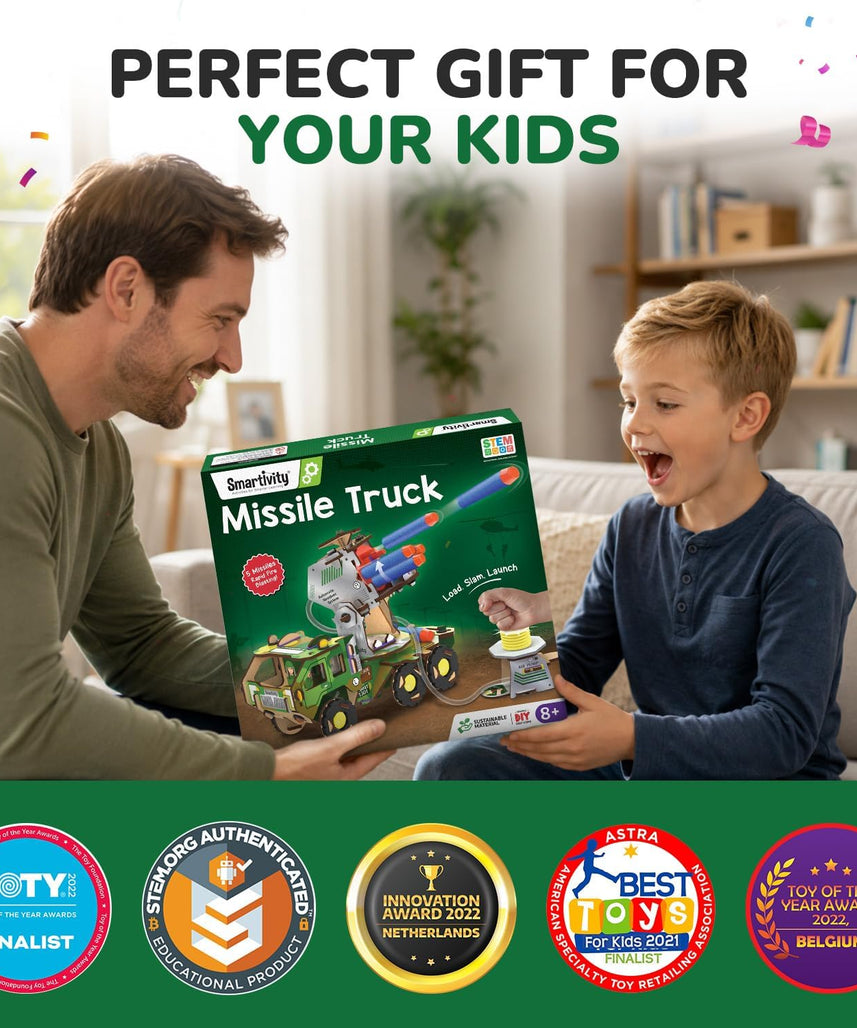 Smartivity DIY Missile Truck for Kids | Build Your Own Military Vehicle with Air-Powered 360° Rotating Launcher & 5 Foam Missiles | STEM Engineering Toy | Birthday Gift Boys & Girls 8 9 10 11 12 13 14