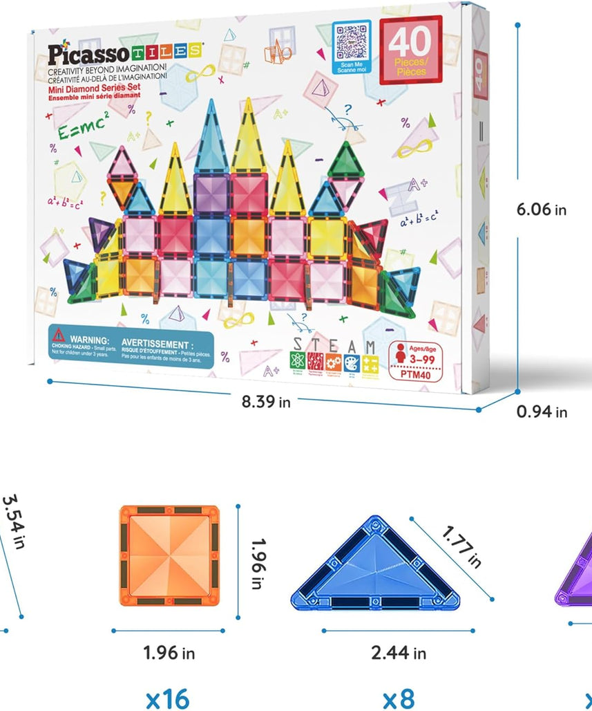 PicassoTiles 40 Piece Magnetic Building Block Mini Diamond Series Travel Size On-The-Go Magnet Construction Toy Set STEM Learning Kit Educational Playset Child Brain Development Stacking Blocks PTM40